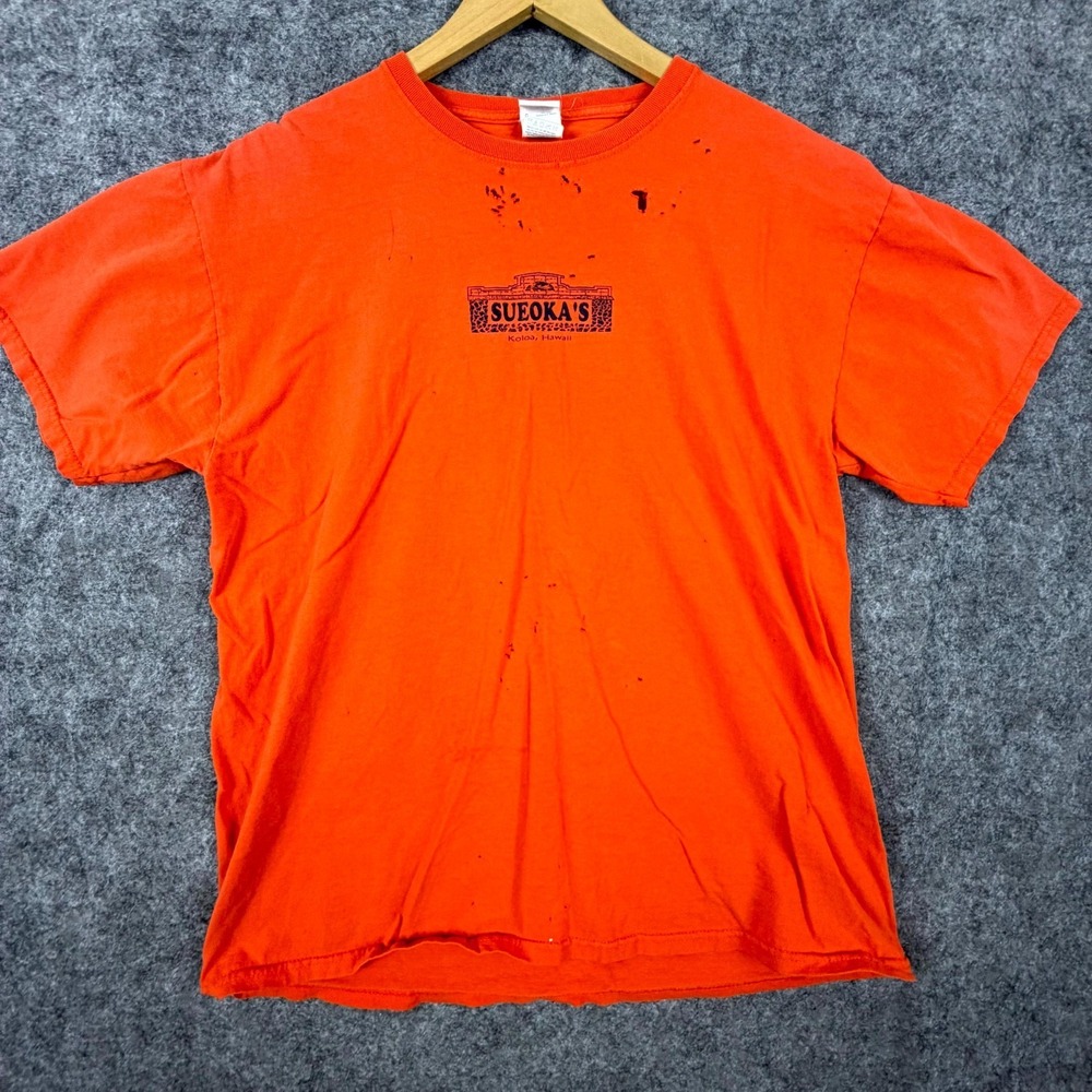 Vintage Sueoka's‎ Hawaiian Jerzees T-Shirt Mens Large Orange Koloa Kauai Graphic